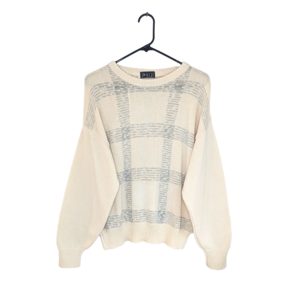 Vintage 90s Tennis Prep Basic Cream Neutral Plaid Knit Loose Fitting Sweater
